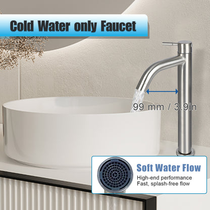 Silver faucet with cold water only label and soft water flow feature on a sink.