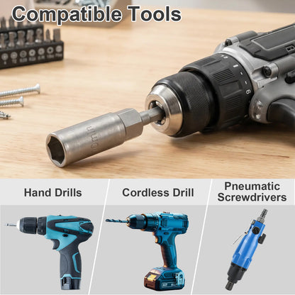 A socket tool adapter shown attached to a cordless drill on a wooden surface, with the text 'Compatible Tools' and three smaller product photos below labeled for hand drills, cordless drills, and pneumatic screwdrivers.