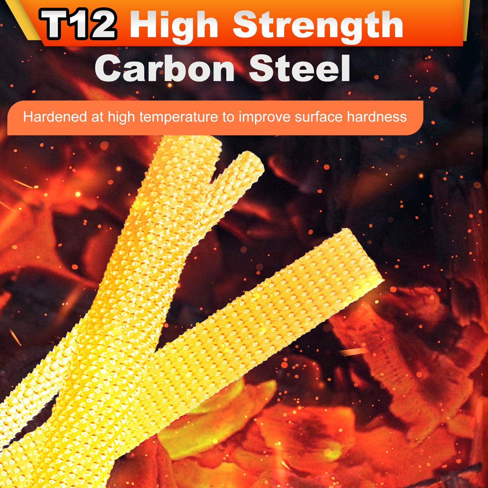 Yellow carbon steel strip with fire background and text about high strength and surface hardness.