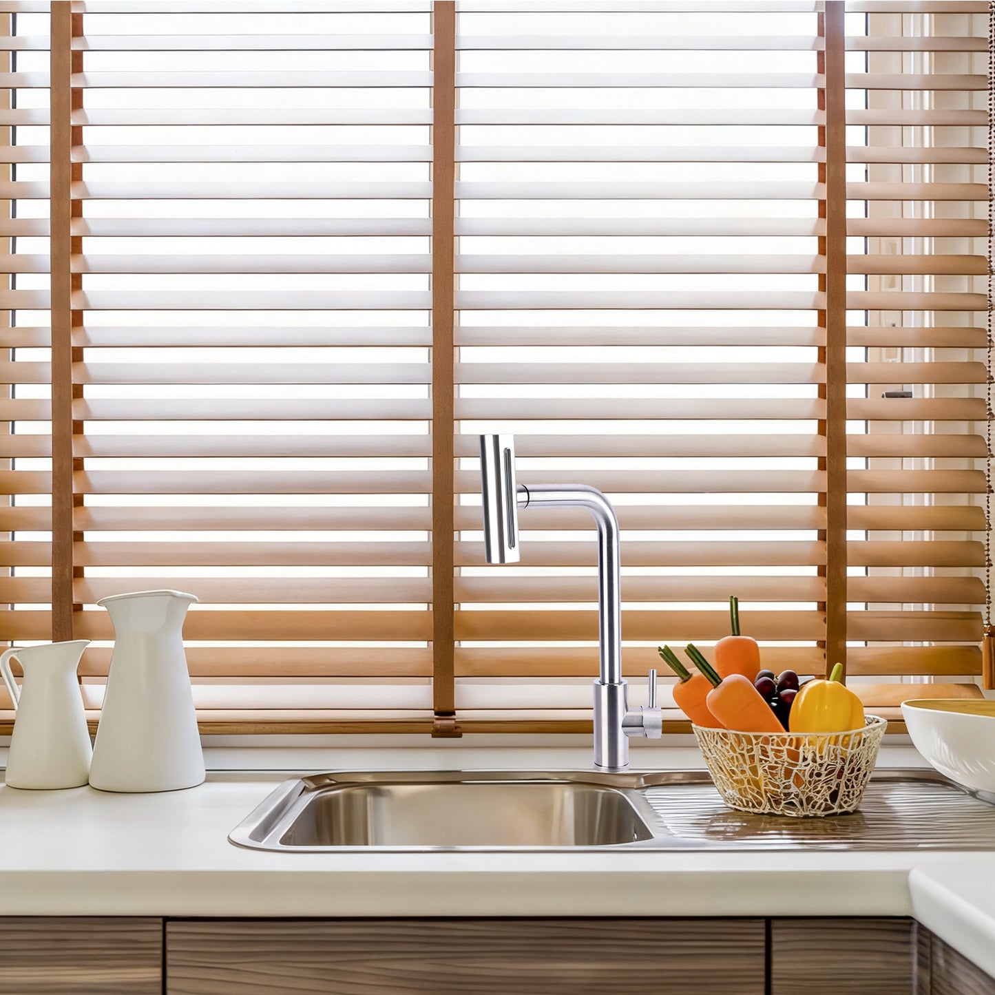 Kitchen sink with wooden blinds in the background