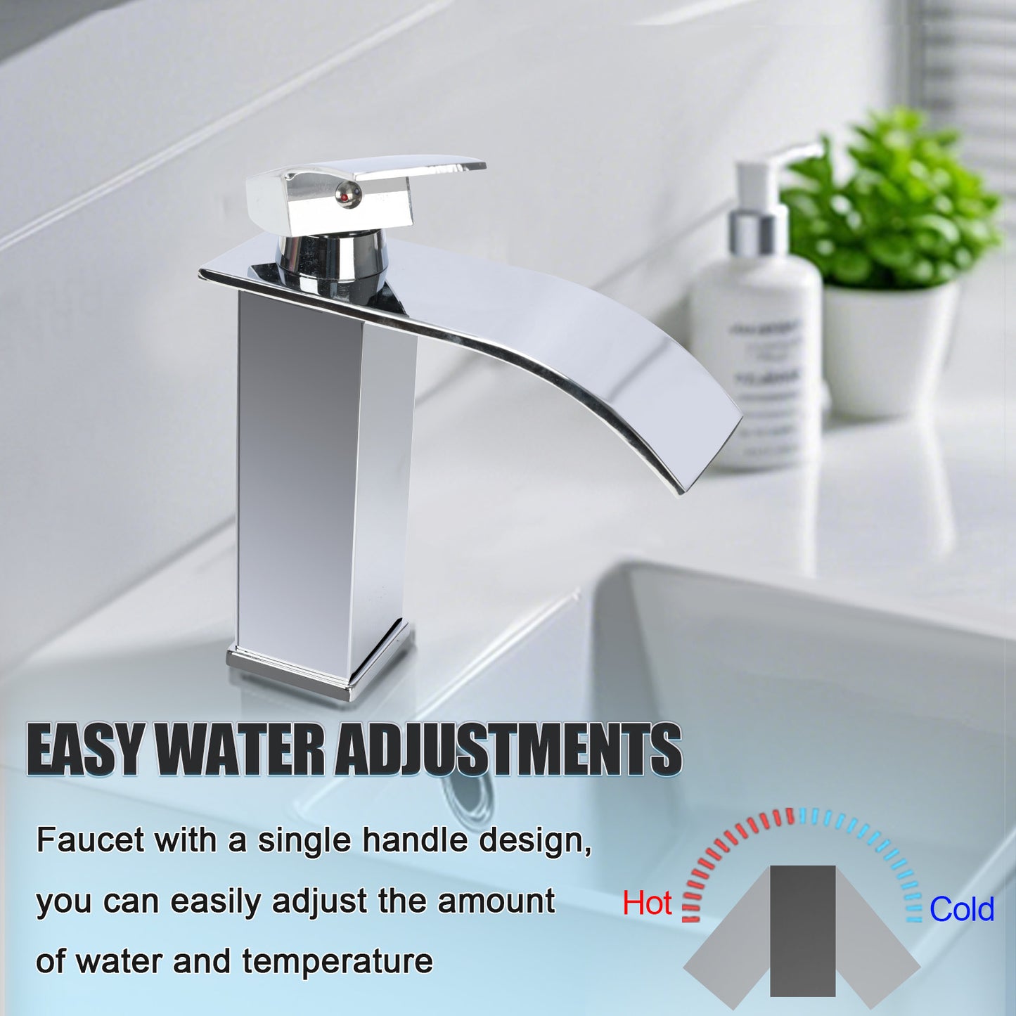 Chrome faucet on a bathroom sink with text about easy water adjustments.