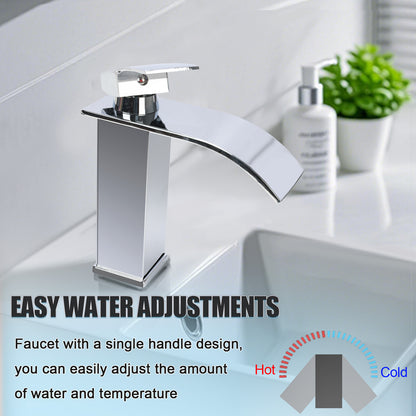 Chrome faucet on a bathroom sink with text about easy water adjustments.