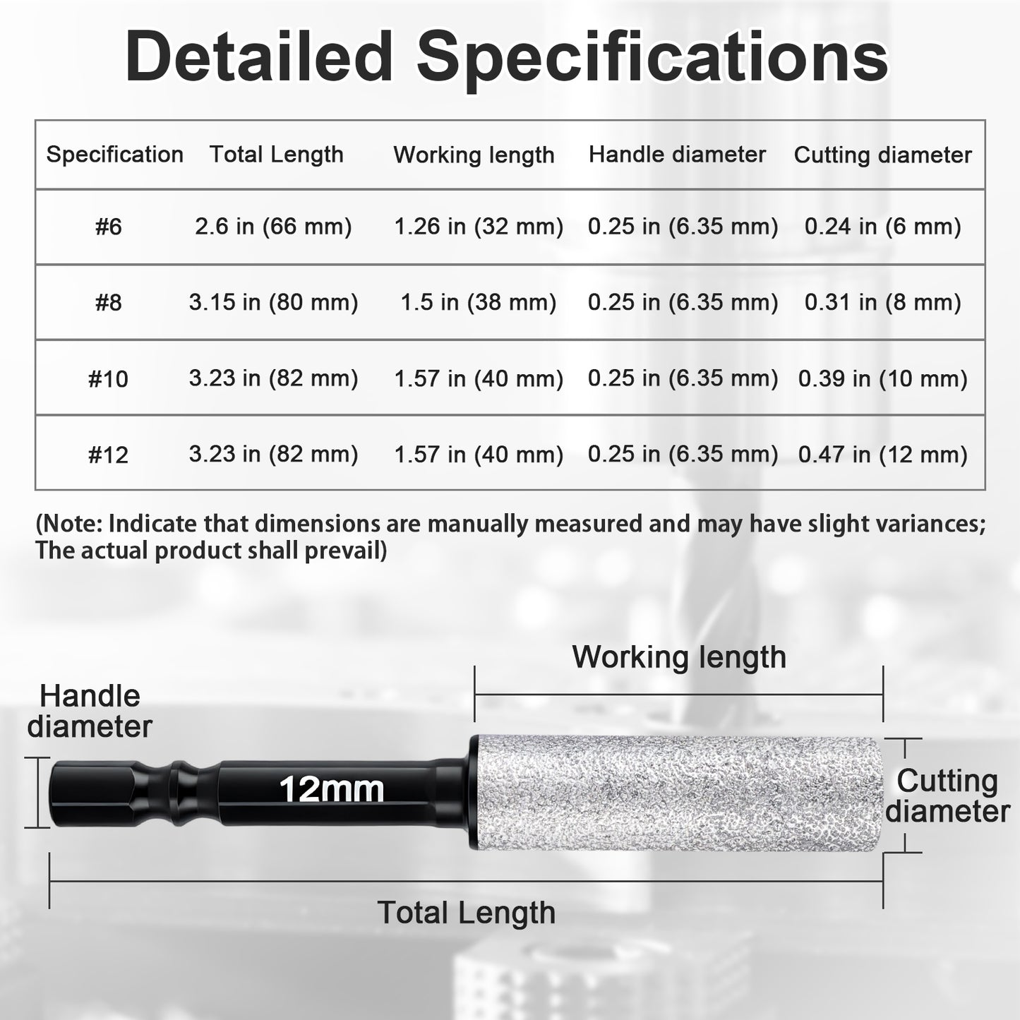 Specifications table for a tool with dimensions labeled on a gray background