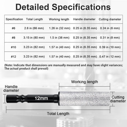 Specifications table for a tool with dimensions labeled on a gray background