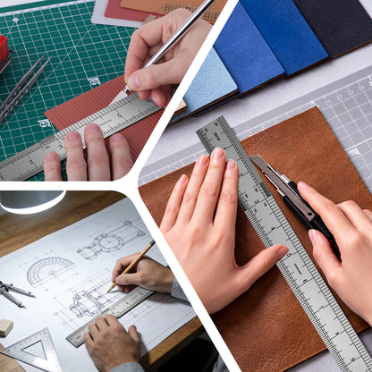 Collage of hands using rulers and tools on various surfaces including leather, paper, and blueprints.