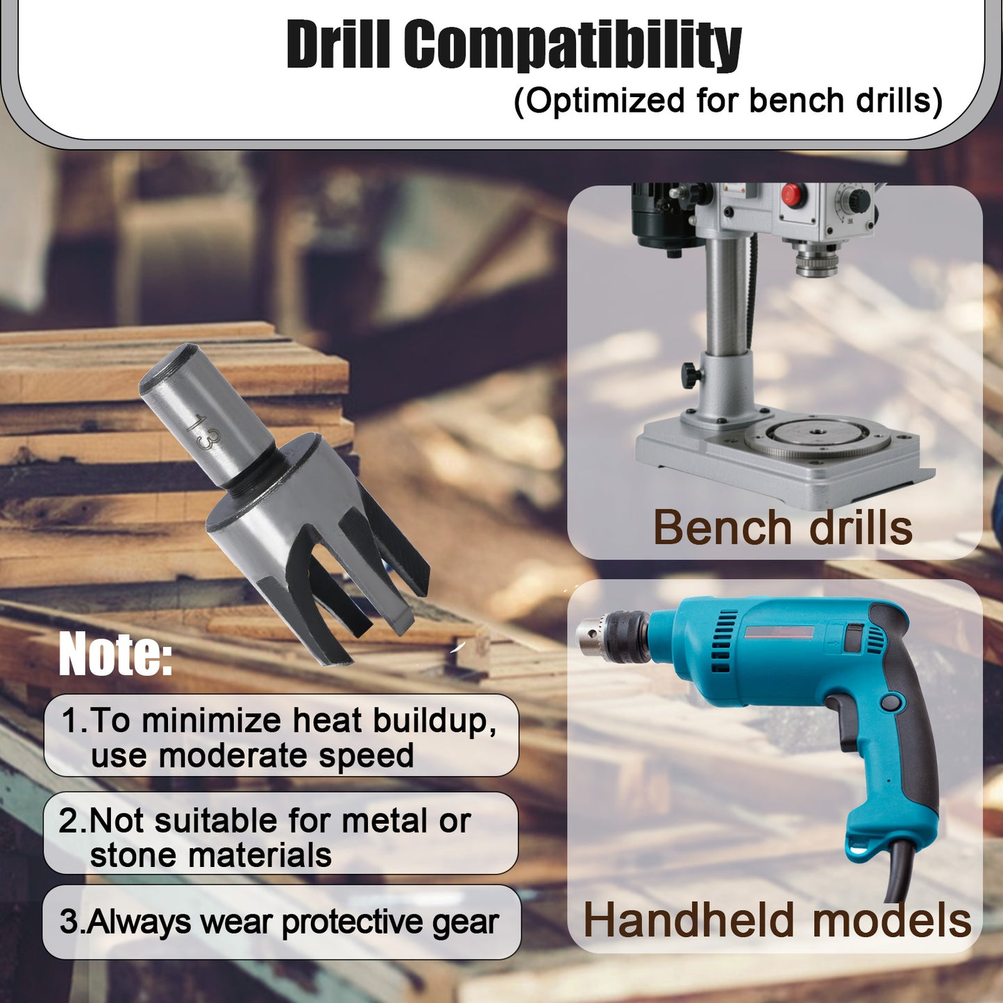 Drill compatibility chart for bench drills and handheld models with text on drill usage.
