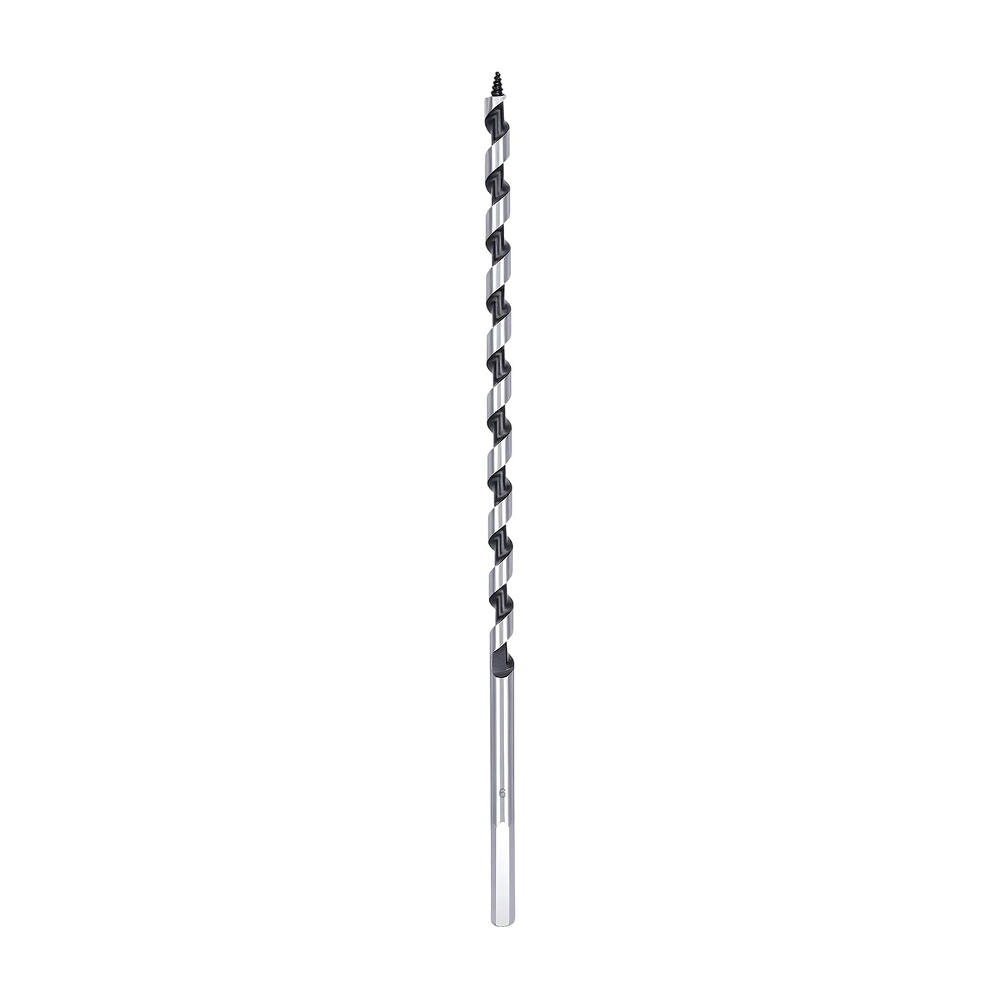 A single metal drill bit with a dark gray fluted cutting section and a polished silver shank, shown vertically against a plain white background.