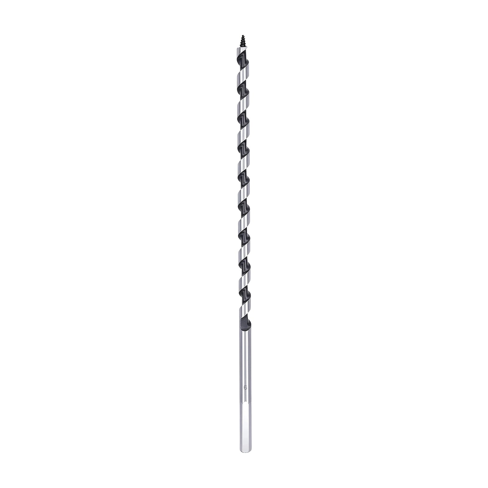 A single metal drill bit with a dark gray fluted cutting section and a polished silver shank, shown vertically against a plain white background.