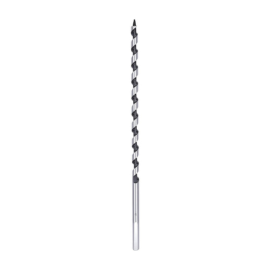 A single metal drill bit with a dark gray fluted cutting section and a polished silver shank, shown vertically against a plain white background.