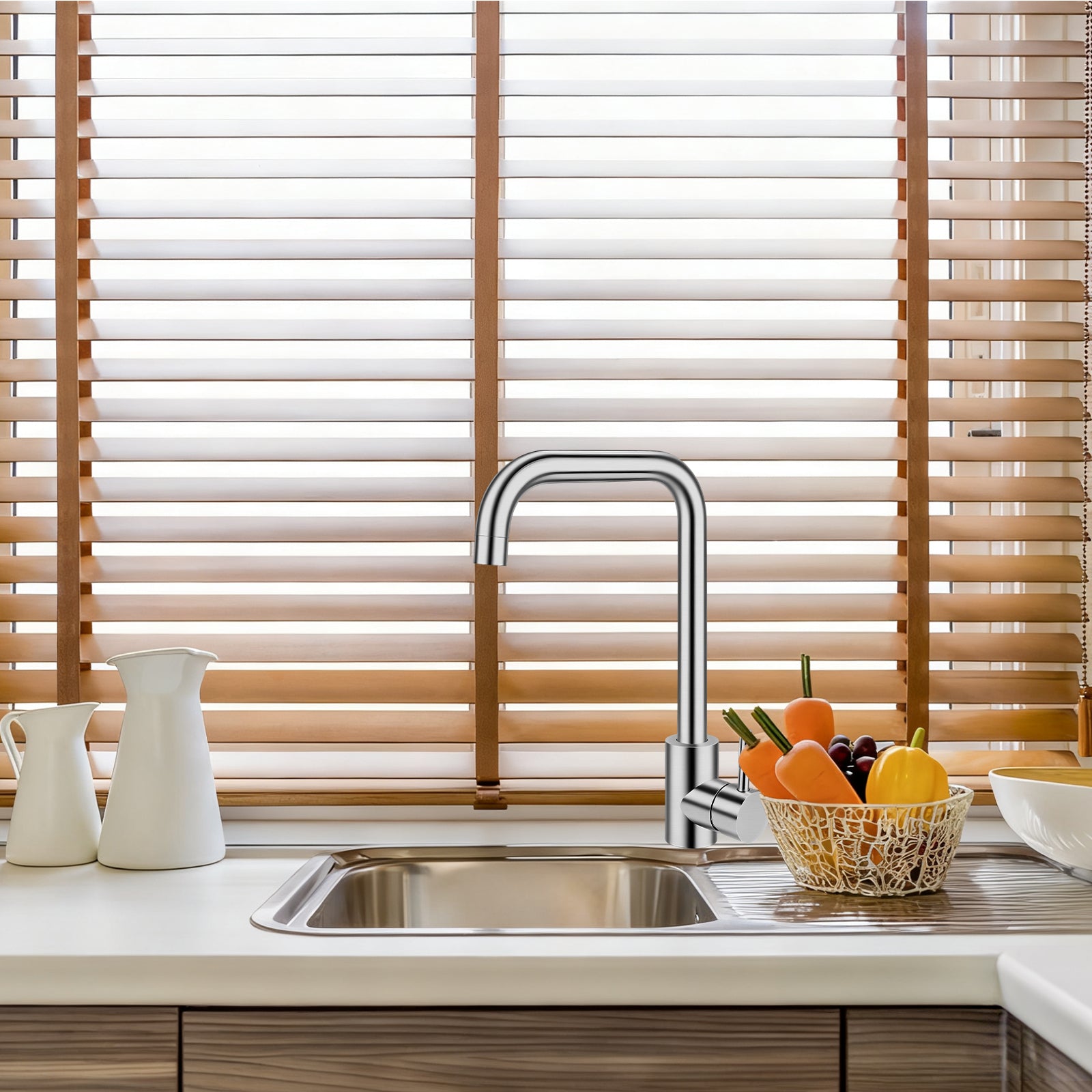 Kitchen sink with wooden blinds in the background