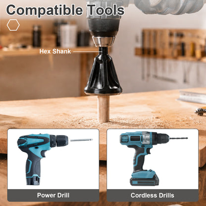 A drill bit adapter labeled 'Hex Shank' shown mounted on a cordless drill over a wooden workbench, with two inset photos at the bottom showing compatible cordless power drills labeled 'Power Drill' and 'Cordless Drills'.