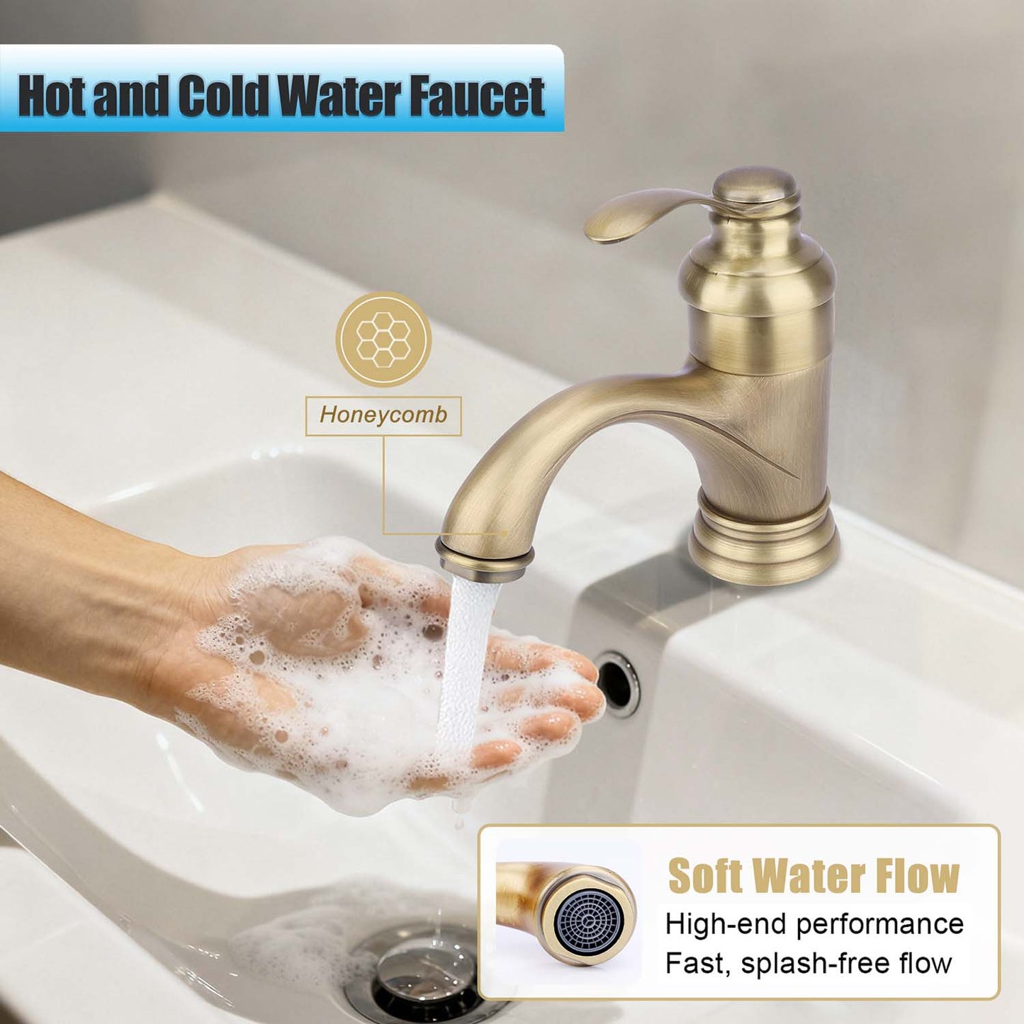 Gold faucet with hand washing in a sink, labeled 'Hot and Cold Water Faucet' and 'Honeycomb'.