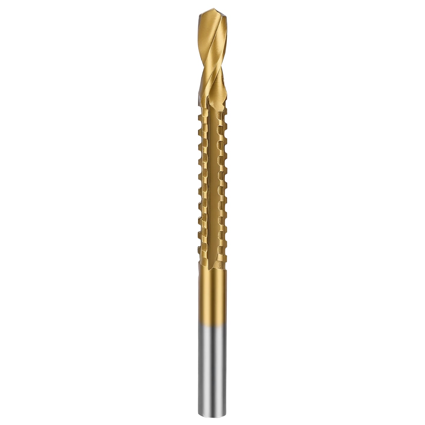 Gold and silver drill bit on a white background