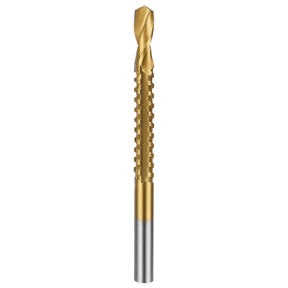 Gold and silver drill bit on a white background