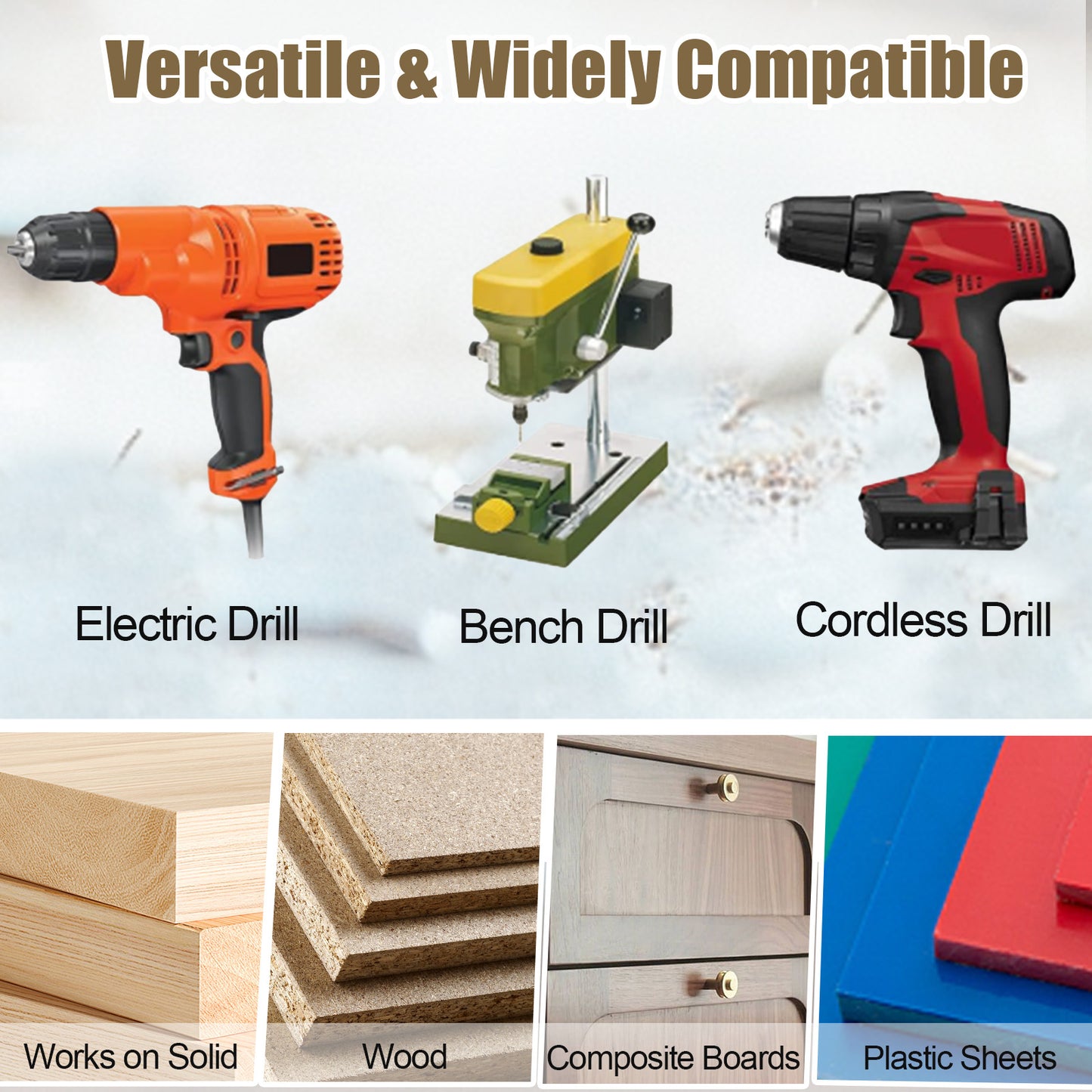 Three types of drills with a collage of materials they can work on.