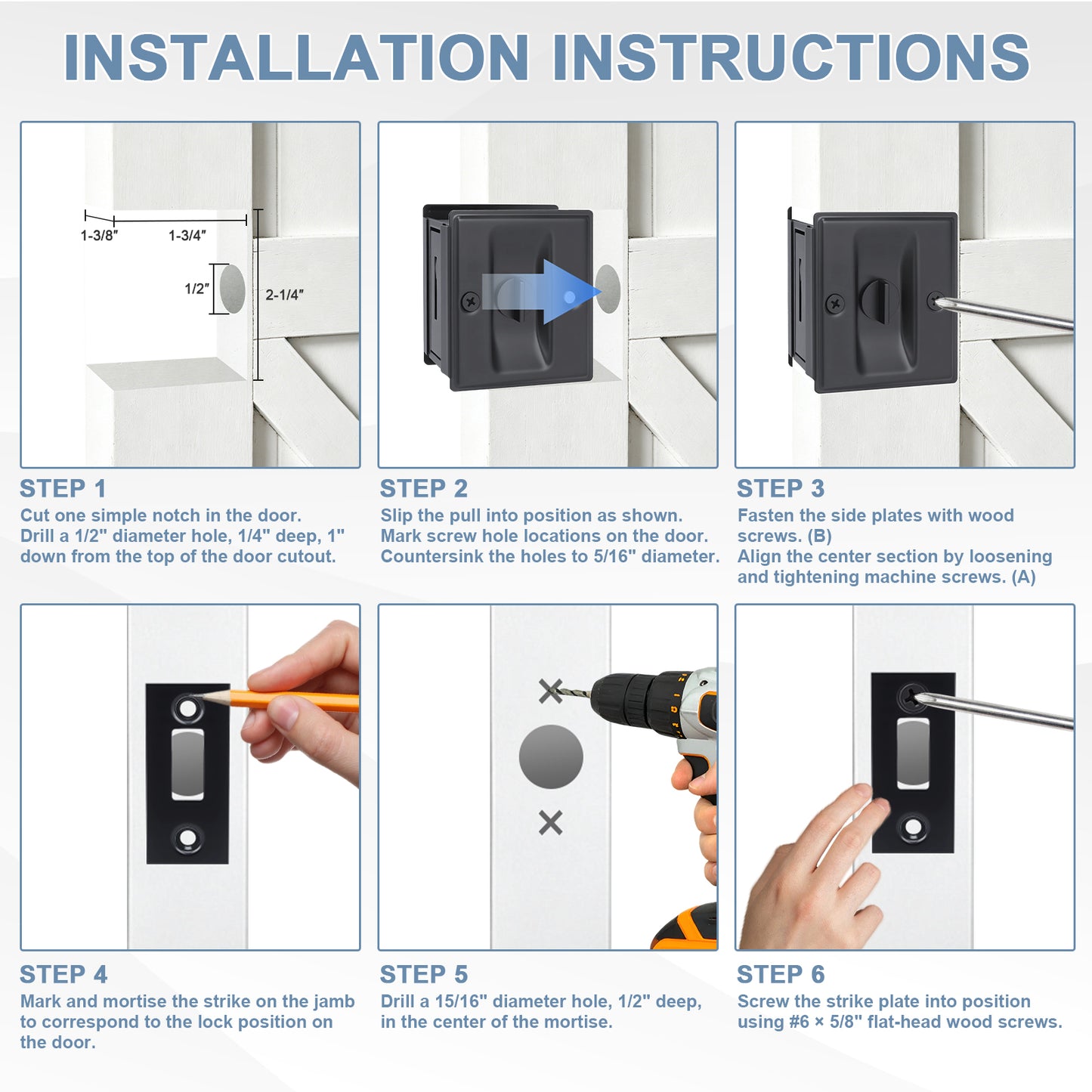 Square-Shaped Slotted Sliding Door Lock, Black Stainless Steel, Privacy Model