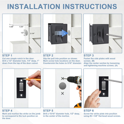 Square-Shaped Slotted Sliding Door Lock, Black Stainless Steel, Privacy Model