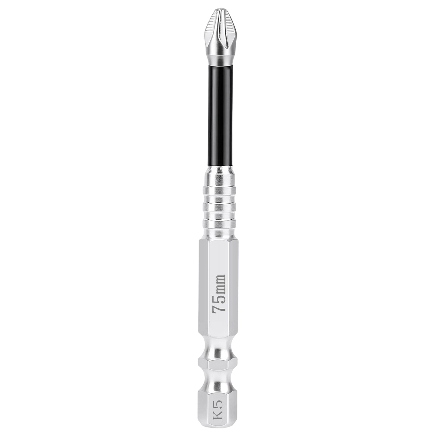 A 7.5mm K5 hex driver bit with a silver metallic body, a black grip section, and a silver star drive tip, shown vertically on a plain white background.