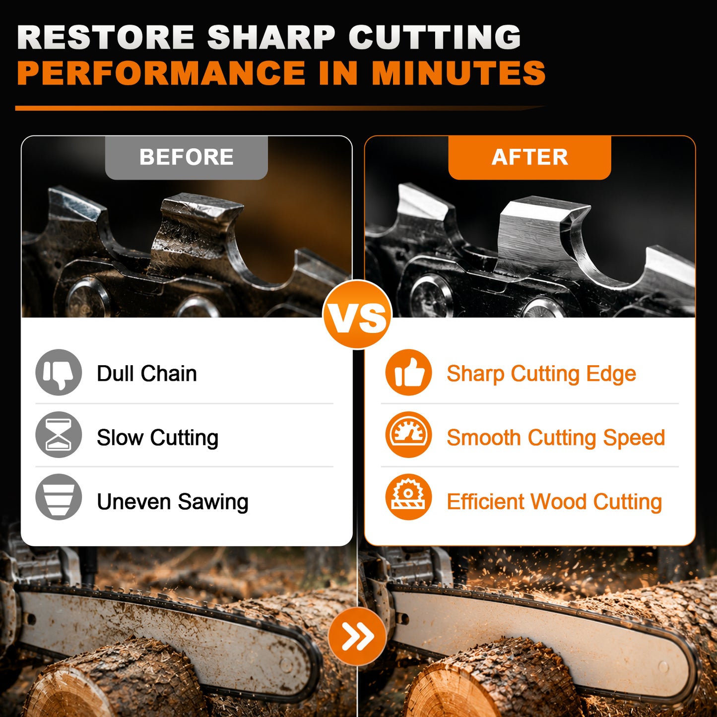 Promotional comparison graphic for a chainsaw blade or chain sharpening product, showing a before-and-after split with close-up chainsaw teeth and wood chips. Text reads 'RESTORE SHARP CUTTING PERFORMANCE IN MINUTES' and lists benefits of a sharp cutting edge, smooth cutting speed, and efficient wood cutting.