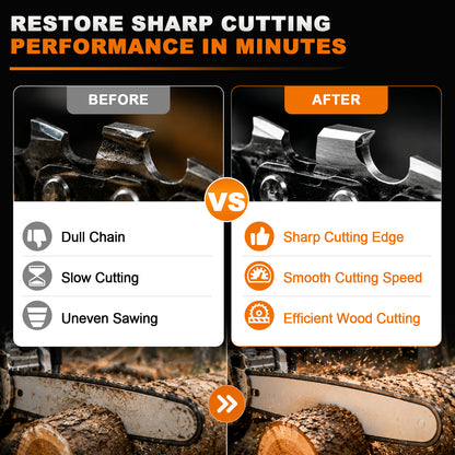 Promotional comparison graphic for a chainsaw blade or chain sharpening product, showing a before-and-after split with close-up chainsaw teeth and wood chips. Text reads 'RESTORE SHARP CUTTING PERFORMANCE IN MINUTES' and lists benefits of a sharp cutting edge, smooth cutting speed, and efficient wood cutting.
