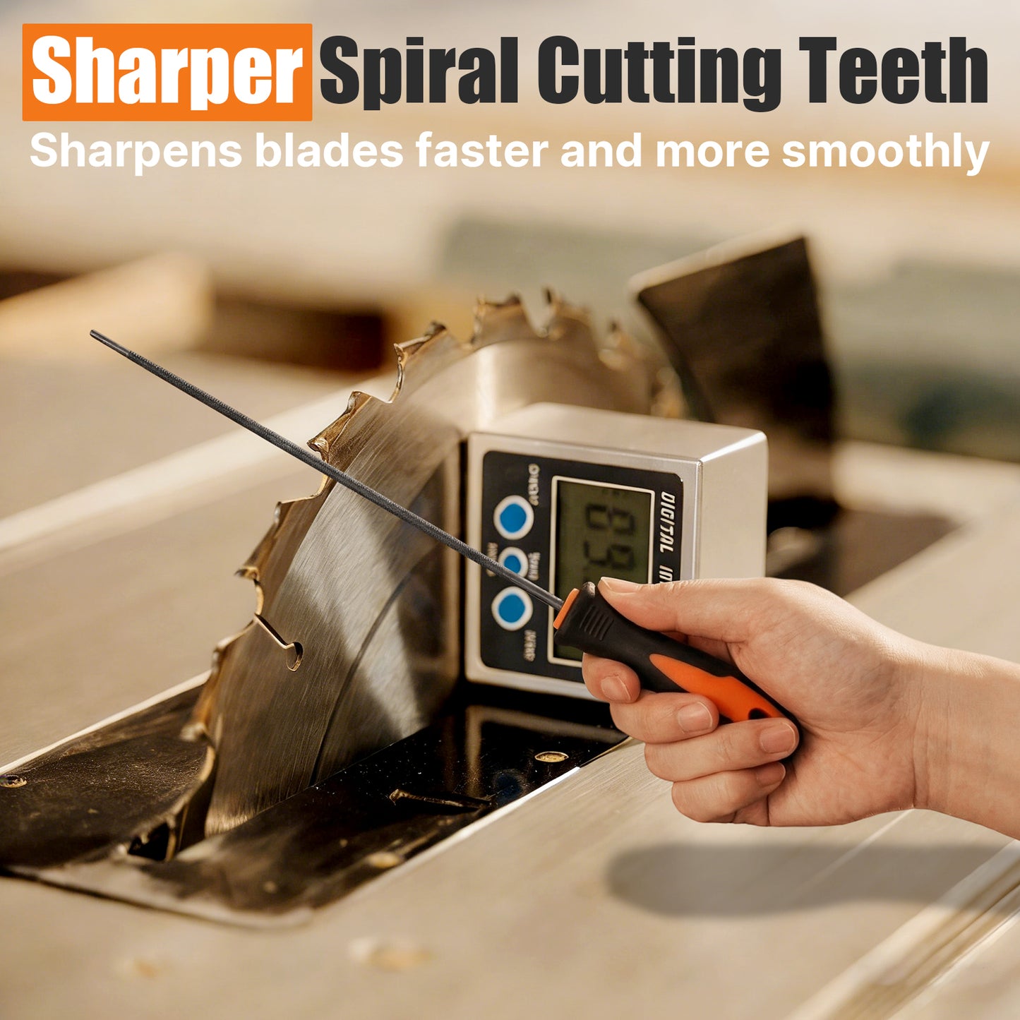Person using a digital tool to sharpen a blade with text about Sharper Spiral Cutting Teeth.