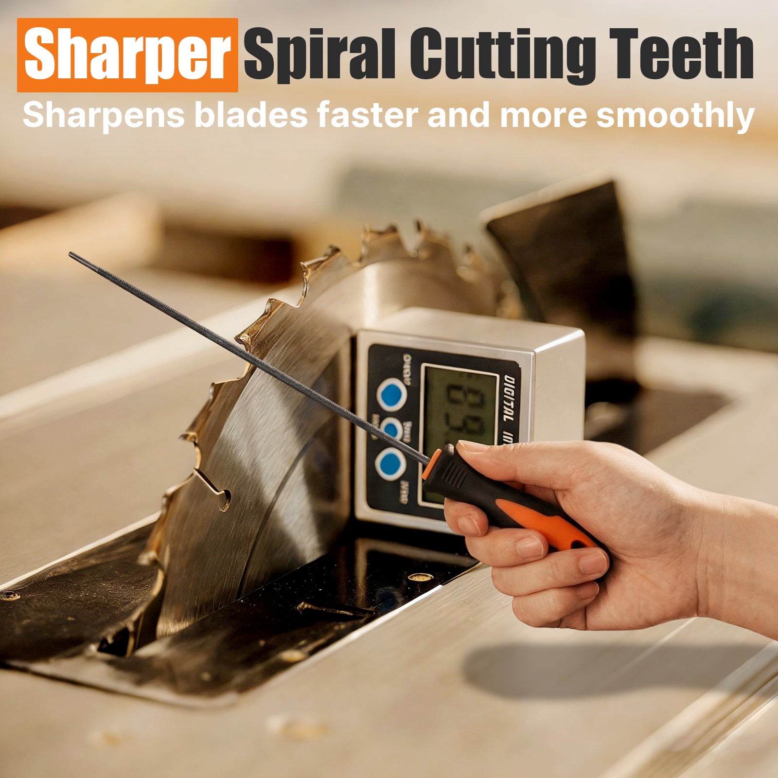 Person using a digital tool to sharpen a blade with text about Sharper Spiral Cutting Teeth.