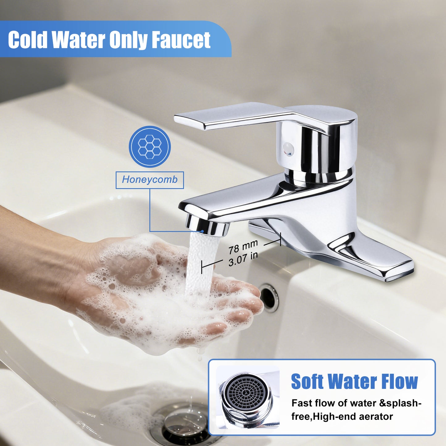Chrome cold water only faucet with hand washing in a sink