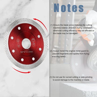 Red diamond cutting blade with installation instructions on a white background