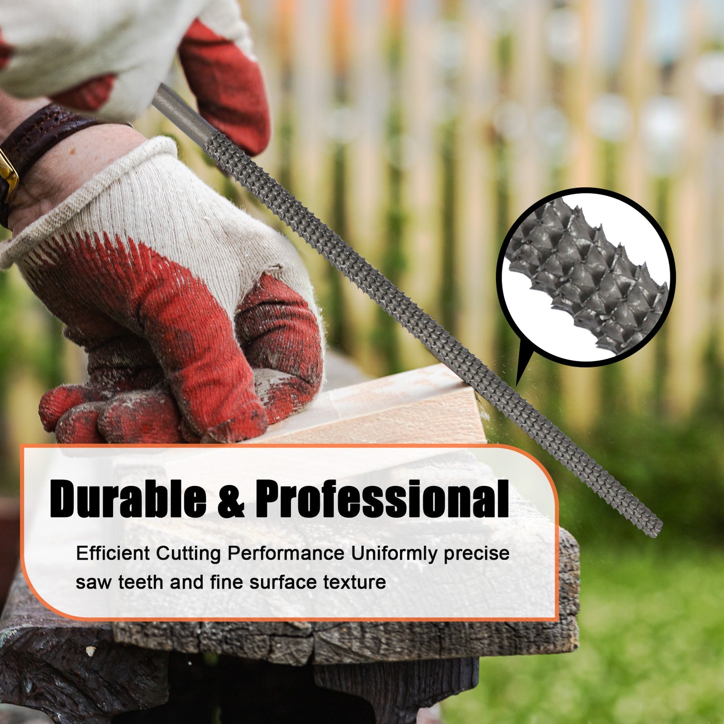 Person wearing red gloves holding a metal tool with a close-up of the saw teeth, set against a blurred natural background.