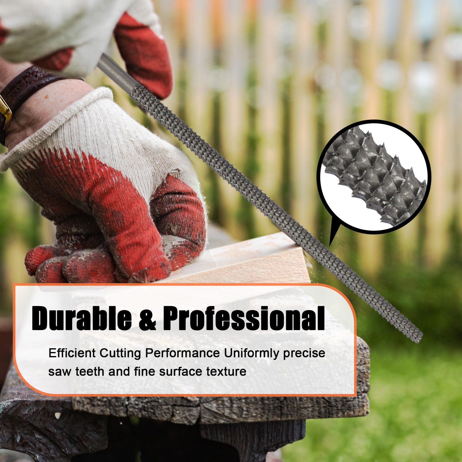 Person wearing red gloves holding a metal tool with a close-up of the saw teeth, set against a blurred natural background.