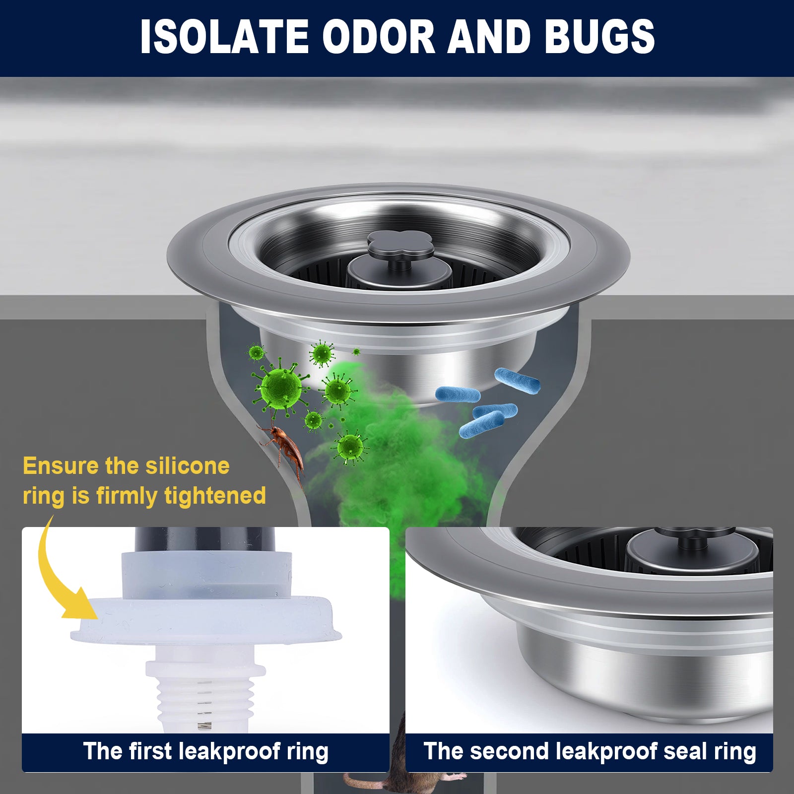Drainage system graphic with a stainless steel sink drain and text reading 'ISOLATE ODOR AND BUGS,' plus inset close-ups of white silicone leakproof rings and green bug/odor illustrations explaining odor and bug isolation.