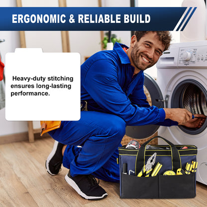 A man in a blue work uniform kneels beside a white washing machine in a laundry room, with a tool bag in the foreground and text overlays reading 'ERGONOMIC & RELIABLE BUILD' and 'Heavy-duty stitching ensures long-lasting performance.'.