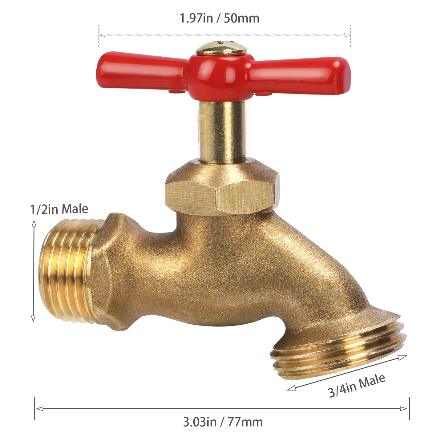Brass faucet with red handle and measurements on a white background