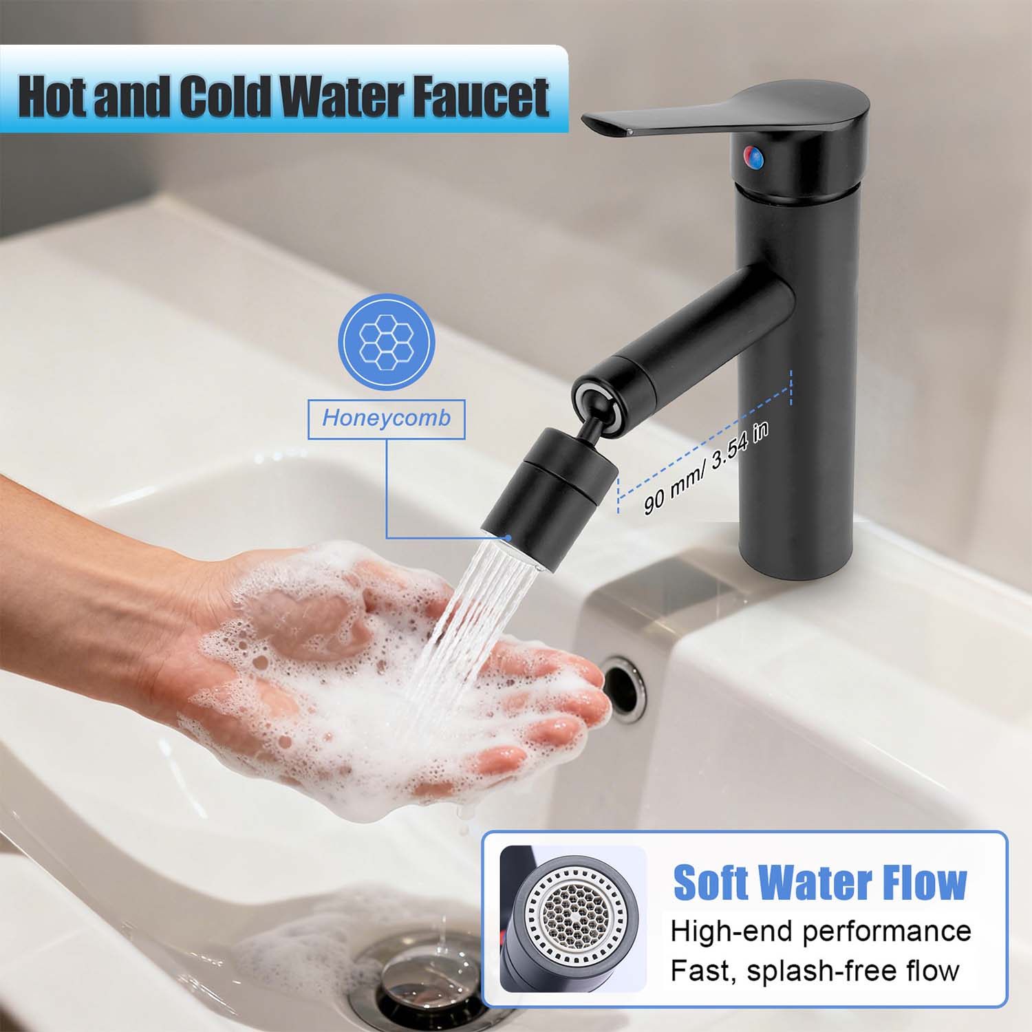 Black faucet with water flowing into a sink, showing features like 'Honeycomb' and 'Soft Water Flow'.