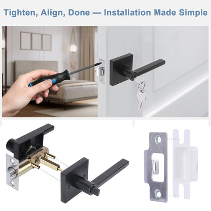Door handle installation process with a screwdriver and detailed view of hardware components.