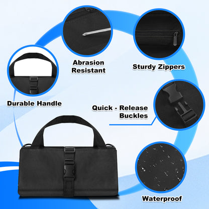 Black duffel bag with features highlighted on a blue and white background