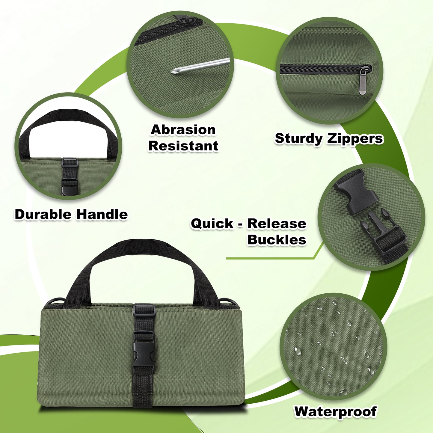 Green bag with features highlighted on a green background