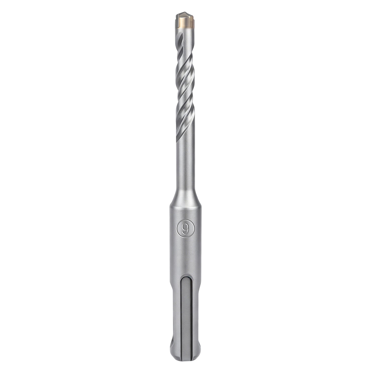 A silver metal rotary hammer drill bit with a fluted cutting shank and a gold-colored tip, shown vertically on a plain white background.