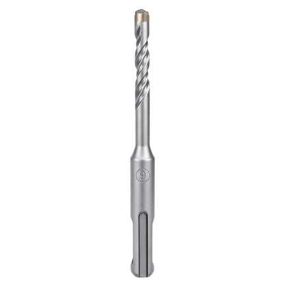 A silver metal rotary hammer drill bit with a fluted cutting shank and a gold-colored tip, shown vertically on a plain white background.