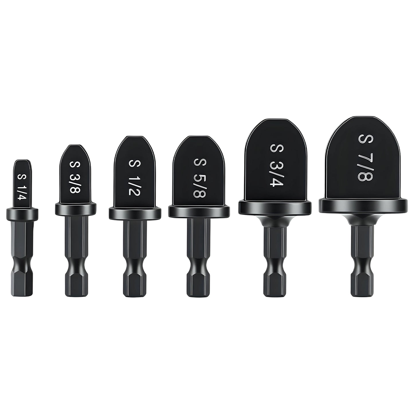 Set of black drill bits with measurements on a white background