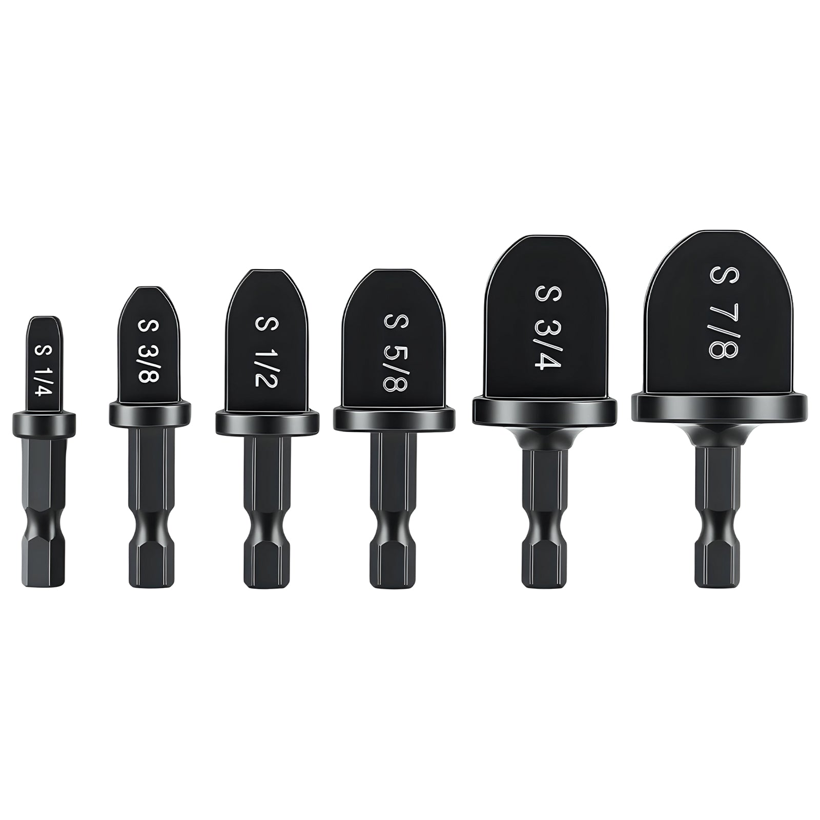 Set of black drill bits with measurements on a white background