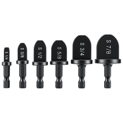 Set of black drill bits with measurements on a white background