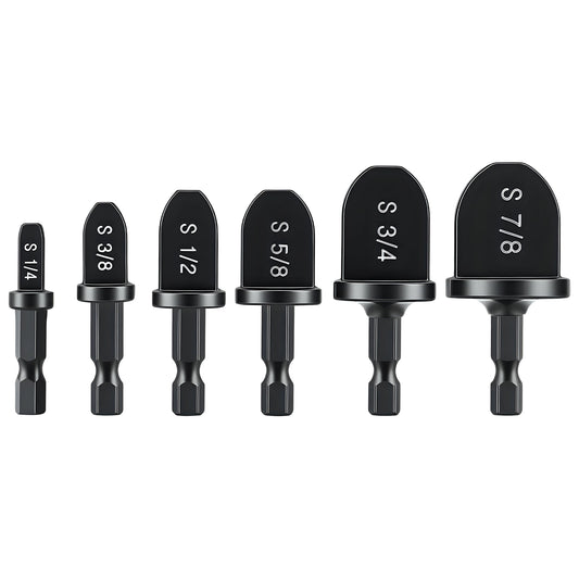 Set of black drill bits with measurements on a white background