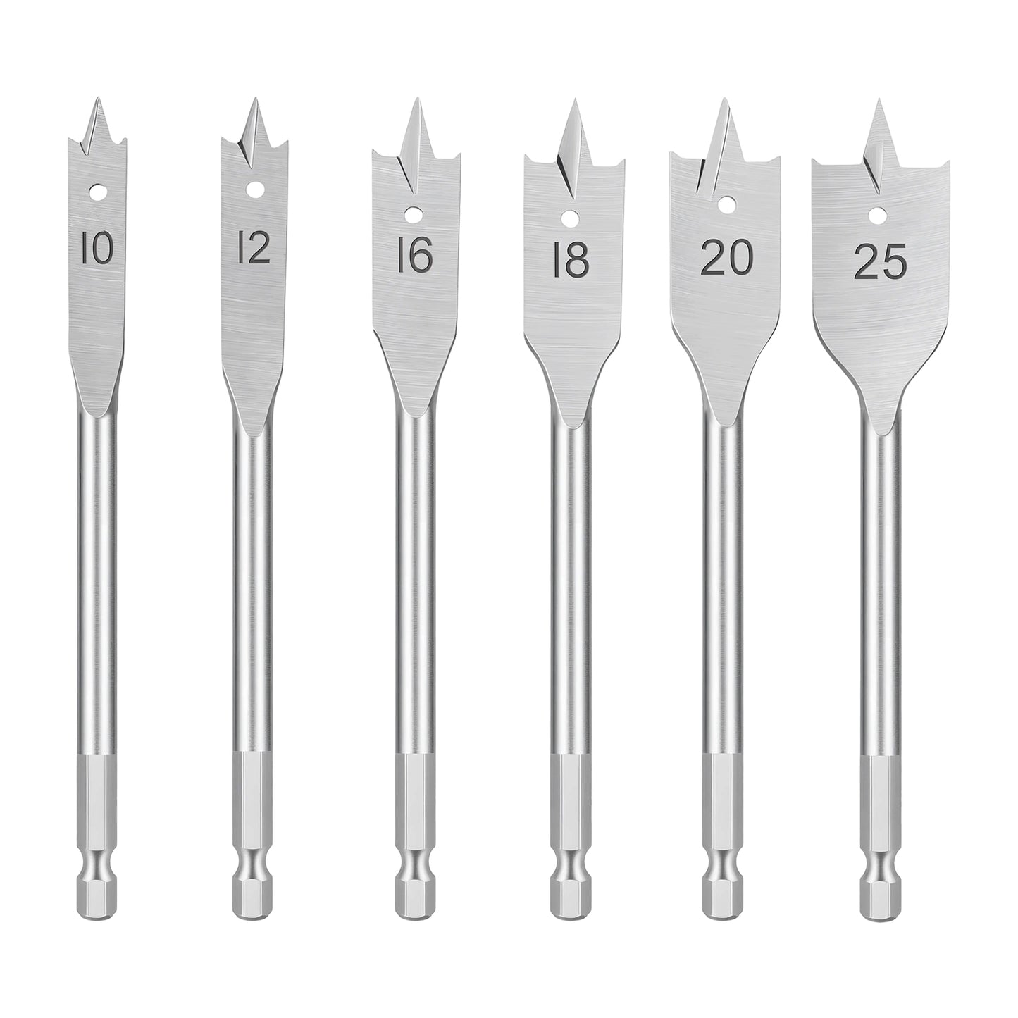 Six metal drill bits in a set, labeled 10, 12, 16, 18, 20, and 25, arranged vertically on a plain white background.