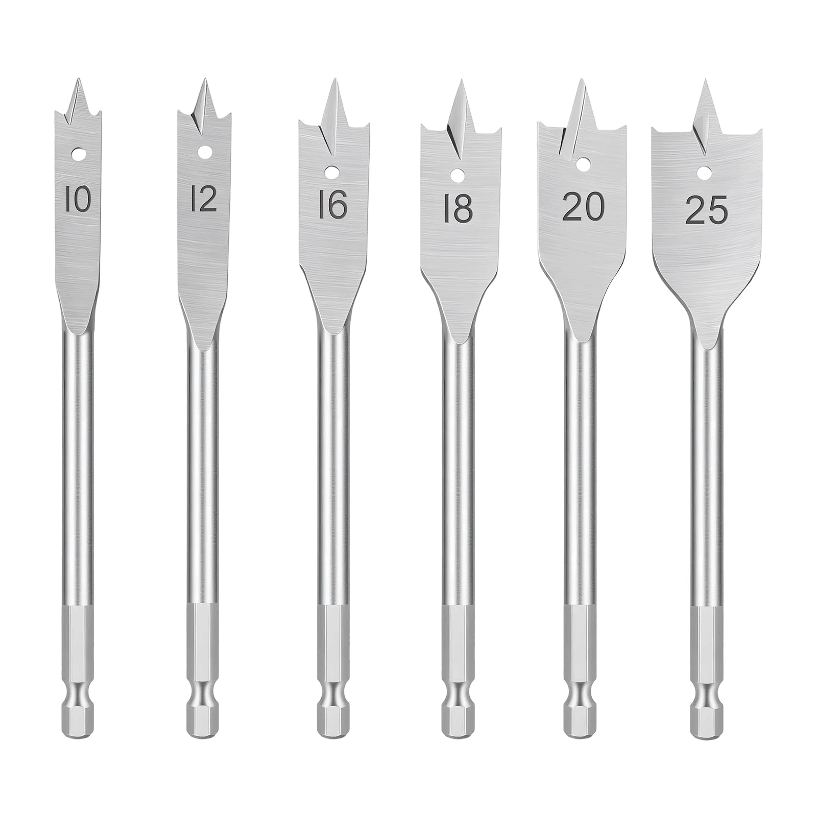 Six metal drill bits in a set, labeled 10, 12, 16, 18, 20, and 25, arranged vertically on a plain white background.