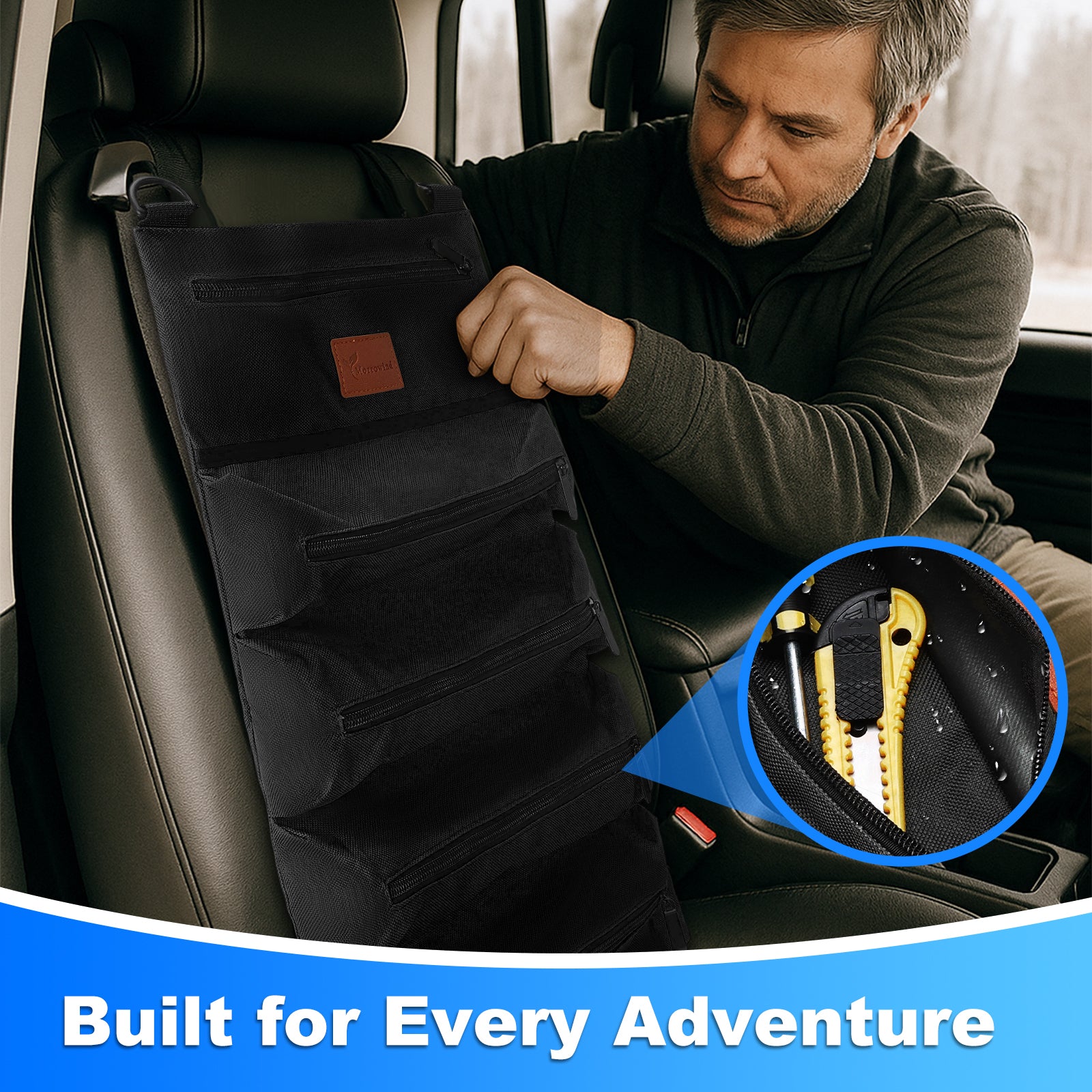 Man installing a car seat organizer with tools inset, text 'Built for Every Adventure' at the bottom.