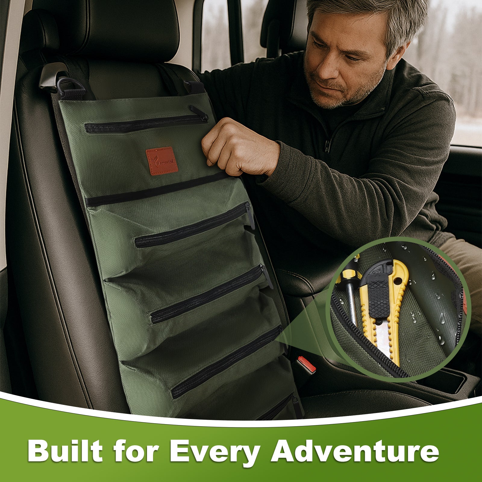 Man installing a green car seat organizer with tools inside, text 'Built for Every Adventure' at the bottom.