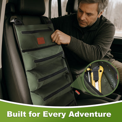 Man installing a green car seat organizer with tools inside, text 'Built for Every Adventure' at the bottom.
