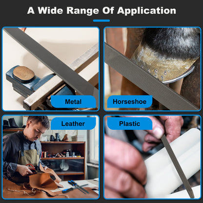 Collage showing the application of a tool on metal, horseshoe, leather, and plastic with text 'A Wide Range Of Application'.