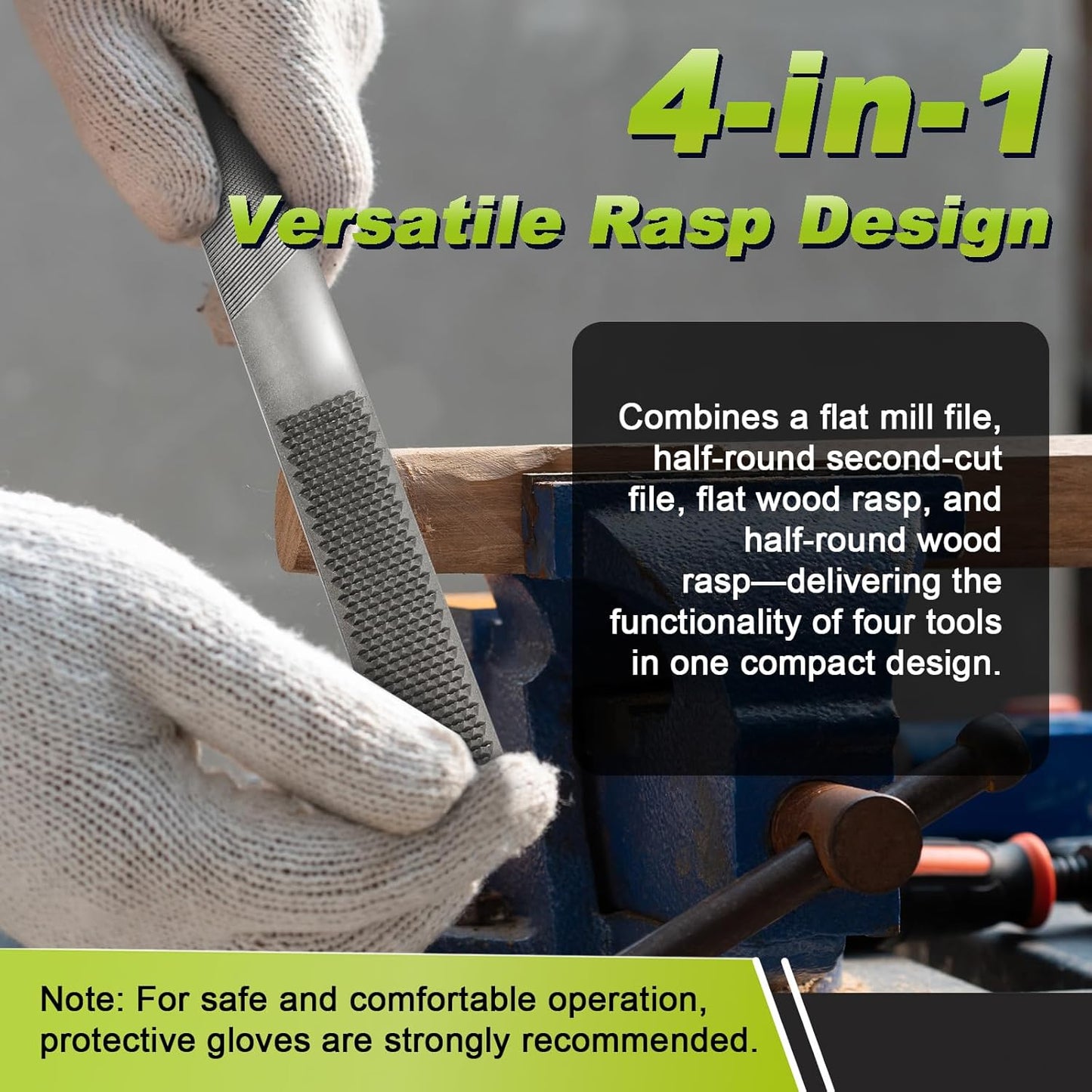 Hand holding a 4-in-1 versatile rasp design tool with text explaining its functionality.